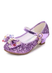 ULKNN-Girls Princess Leather Shoes Casual Floral Sequin High Heel Butterfly Bowknot Shoes Blue Pink Silver