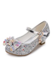 ULKNN-Girls Princess Leather Shoes Casual Floral Sequin High Heel Butterfly Bowknot Shoes Blue Pink Silver