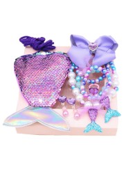 Mermaid Accessories Jewelry Set Sequins Purse Necklace Bracelet Bow Hairclip Shell Earring Gift for Girls Elsa Princess