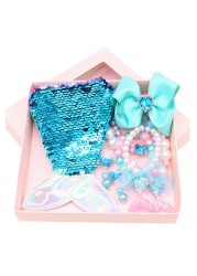 Mermaid Accessories Jewelry Set Sequins Purse Necklace Bracelet Bow Hairclip Shell Earring Gift for Girls Elsa Princess