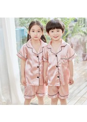 Silk Pajamas for Girls Boy Pajama Sets Summer Autumn Satin Long Sleeve Fashion Gray Pajama Toddler Kid Pajama Sleepwear Suit 3-14Y