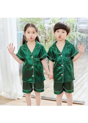 Silk Pajamas for Girls Boy Pajama Sets Summer Autumn Satin Long Sleeve Fashion Gray Pajama Toddler Kid Pajama Sleepwear Suit 3-14Y