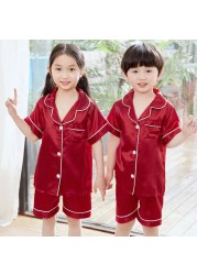 Silk Pajamas for Girls Boy Pajama Sets Summer Autumn Satin Long Sleeve Fashion Gray Pajama Toddler Kid Pajama Sleepwear Suit 3-14Y