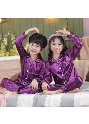 Silk Pajamas for Girls Boy Pajama Sets Summer Autumn Satin Long Sleeve Fashion Gray Pajama Toddler Kid Pajama Sleepwear Suit 3-14Y