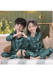 Silk Pajamas for Girls Boy Pajama Sets Summer Autumn Satin Long Sleeve Fashion Gray Pajama Toddler Kid Pajama Sleepwear Suit 3-14Y