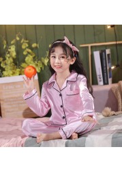 Silk Pajamas for Girls Boy Pajama Sets Summer Autumn Satin Long Sleeve Fashion Gray Pajama Toddler Kid Pajama Sleepwear Suit 3-14Y