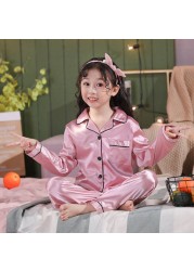 Silk Pajamas for Girls Boy Pajama Sets Summer Autumn Satin Long Sleeve Fashion Gray Pajama Toddler Kid Pajama Sleepwear Suit 3-14Y