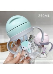 250ml Cartoon Style Outdoor Baby Drinking Bottle With Straw Baby Feeding Cup For Kids Training Portable Handle Water Bottle