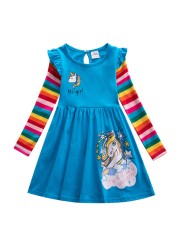 Girl Long Dresses New Autumn Spring Cartoon Girl Dress Casual Cotton Embroidered Girls Long Sleeve Unicorn Dress 81035