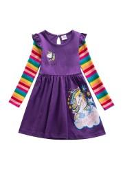 Girl Long Dresses New Autumn Spring Cartoon Girl Dress Casual Cotton Embroidered Girls Long Sleeve Unicorn Dress 81035