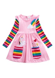 Girl Long Dresses New Autumn Spring Cartoon Girl Dress Casual Cotton Embroidered Girls Long Sleeve Unicorn Dress 81035