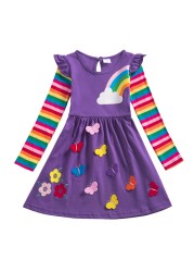 Girl Long Dresses New Autumn Spring Cartoon Girl Dress Casual Cotton Embroidered Girls Long Sleeve Unicorn Dress 81035