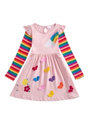 Girl Long Dresses New Autumn Spring Cartoon Girl Dress Casual Cotton Embroidered Girls Long Sleeve Unicorn Dress 81035