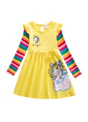 Girl Long Dresses New Autumn Spring Cartoon Girl Dress Casual Cotton Embroidered Girls Long Sleeve Unicorn Dress 81035