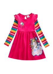 Girl Long Dresses New Autumn Spring Cartoon Girl Dress Casual Cotton Embroidered Girls Long Sleeve Unicorn Dress 81035