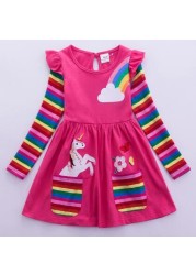 Girl Long Dresses New Autumn Spring Cartoon Girl Dress Casual Cotton Embroidered Girls Long Sleeve Unicorn Dress 81035