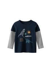 2022 New Kids Solid Cotton Long Sleeve T-shirt Tops Boys Girls Cute Animal Print Tees 2 3 4 5 6 7 8 Years Children Tops