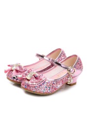 ULKNN-Children's leather shoes, casual high-heeled shoes with flowers and sequins, butterfly knot, blue, pink and silver, 2021