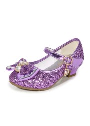 ULKNN-Children's leather shoes, casual high-heeled shoes with flowers and sequins, butterfly knot, blue, pink and silver, 2021