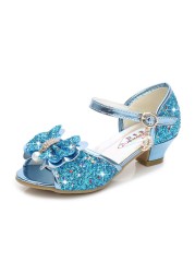 ULKNN-Children's leather shoes, casual high-heeled shoes with flowers and sequins, butterfly knot, blue, pink and silver, 2021