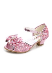 ULKNN-Children's leather shoes, casual high-heeled shoes with flowers and sequins, butterfly knot, blue, pink and silver, 2021