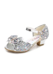 ULKNN-Children's leather shoes, casual high-heeled shoes with flowers and sequins, butterfly knot, blue, pink and silver, 2021