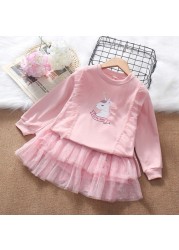 2022 spring new little girls clothes pink clothing set cartoon unicorn long sleeve T-shirt skirt 2 two-piece outfits