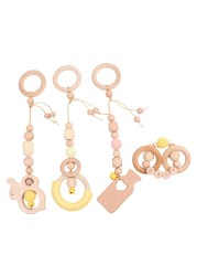 4pcs Baby Stroller Frame Pendants Wooden Ring Beads Teether Stroller Rattle Infant Newborn Nursing Molar Teething Toys Bathing Gifts