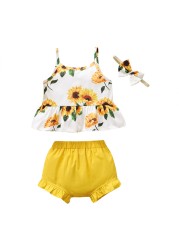 Baby Summer Clothes 0-3Y Baby Kids Baby Girls Clothes Yellow Sunflower Tops T-shirt Floral Bow Pants 3pcs Outfits Set