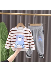 0-5 Years New Spring Children Girls Boys Cartoon Striped T-shirt Sports Pants 2pcs/set Kids Strips Toddler Clothes Cotton Suit