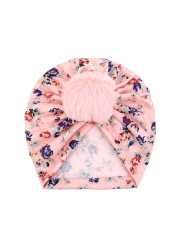 Cute Faux Fur Ball Baby Kids Turban Hat Floral Print Infant Headdress