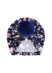 Cute Faux Fur Ball Baby Kids Turban Hat Floral Print Infant Headdress