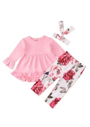 0~4 Years Autumn Spring Baby Kids Baby Girls Clothes Sets Tracksuits Long Sleeve Ruffle Floral Tops Pants Headwear 3pcs Outfits