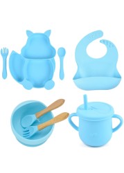 8pcs/set Baby Silicone Pacifier Bowl Plate Cup Bibs Spoon Fork Sets Children Non-slip Tableware Baby Feeding Dishes BPA Free