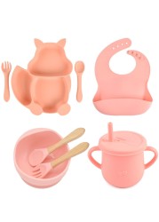 8pcs/set Baby Silicone Pacifier Bowl Plate Cup Bibs Spoon Fork Sets Children Non-slip Tableware Baby Feeding Dishes BPA Free