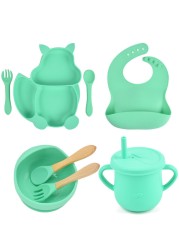 8pcs/set Baby Silicone Pacifier Bowl Plate Cup Bibs Spoon Fork Sets Children Non-slip Tableware Baby Feeding Dishes BPA Free