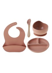 4pcs/set BPA Free Baby Silicone Tableware Waterproof Bib Solid Color Dinner Plate Lollipop Bowl and Spoon for Kids