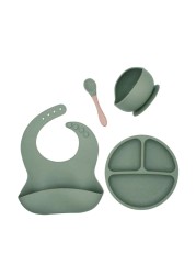 4pcs/set BPA Free Baby Silicone Tableware Waterproof Bib Solid Color Dinner Plate Lollipop Bowl and Spoon for Kids