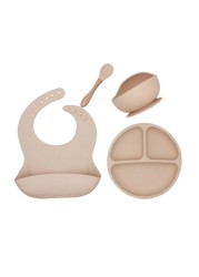 4pcs/set BPA Free Baby Silicone Tableware Waterproof Bib Solid Color Dinner Plate Lollipop Bowl and Spoon for Kids