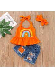 Baby Girl Fashion Clothes Set Rainbow Print Sleeveless Ruffle Blouse Jeans Hole Shorts With Headband Set JYF