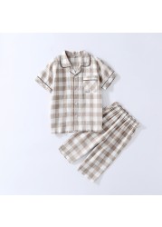 Pink White Girls Plaid Pajamas Set Summer Short Sleeve Top + Pants Baby Sleepwear Pajamas Toddler Sleepwear