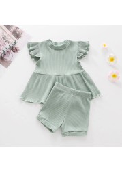 Muababi 1-5Years Children Girls Clothing Sets Summer Kids Girls Ruffles Sleeve Cotton Stripe T-shirt Tops+Shorts Casual Clothes