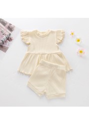 Muababi 1-5Years Children Girls Clothing Sets Summer Kids Girls Ruffles Sleeve Cotton Stripe T-shirt Tops+Shorts Casual Clothes