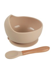 Baby Silicone Bowl Feeding Tableware Children Suction Bowl Plate Wooden Handle Silicone Spoon Dish Set For Baby Kitchen Utensils