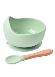 Baby Silicone Bowl Feeding Tableware Children Suction Bowl Plate Wooden Handle Silicone Spoon Dish Set For Baby Kitchen Utensils