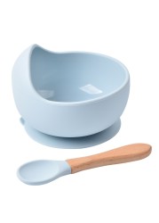 Baby Silicone Bowl Feeding Tableware Children Suction Bowl Plate Wooden Handle Silicone Spoon Dish Set For Baby Kitchen Utensils