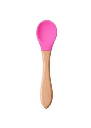 Baby Silicone Bowl Feeding Tableware Children Suction Bowl Plate Wooden Handle Silicone Spoon Dish Set For Baby Kitchen Utensils