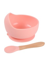 Baby Silicone Bowl Feeding Tableware Children Suction Bowl Plate Wooden Handle Silicone Spoon Dish Set For Baby Kitchen Utensils