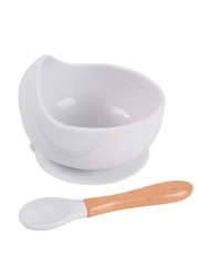 Baby Silicone Bowl Feeding Tableware Children Suction Bowl Plate Wooden Handle Silicone Spoon Dish Set For Baby Kitchen Utensils