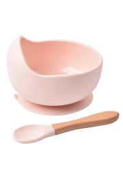 Baby Silicone Bowl Feeding Tableware Children Suction Bowl Plate Wooden Handle Silicone Spoon Dish Set For Baby Kitchen Utensils